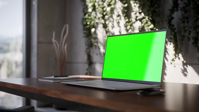 Laptop with Green Screen on Office Desk with Plants in Concrete Industrial Interior - Perspective View