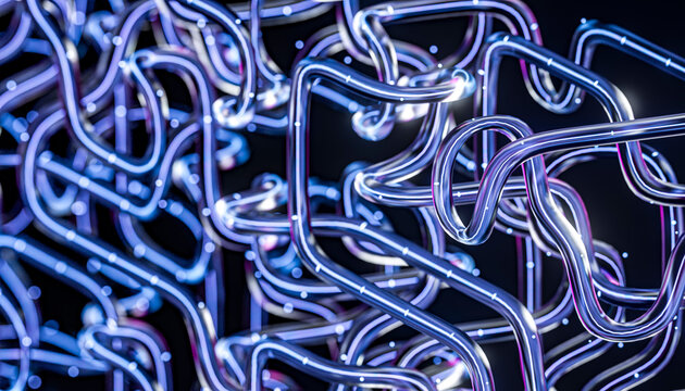 3D Luminous Tube Maze with Blue Violet Neon Curves and Interconnected Paths for Futuristic Technology Background Design