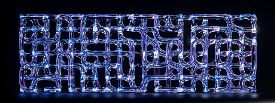 3D Neon Tube Composition with Chrome Curves and Blue Violet Light for Futuristic Digital Technology Background Design