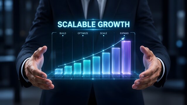 Businessman presenting a glowing digital bar chart representing scalable business growth strategy optimization and market expansion.