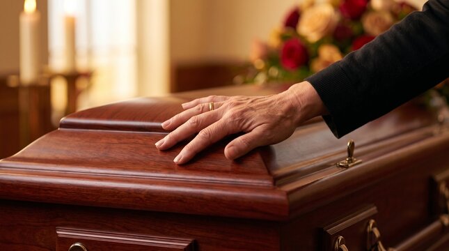 Mourner hand on coffin, Older person&rsquo;s hand resting on wooden coffin during funeral service indoors  