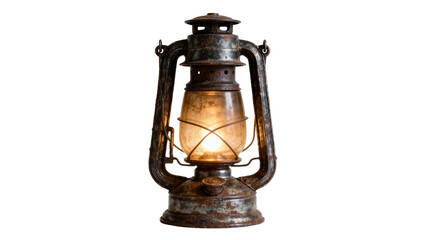 Antique rusty kerosene lantern with glowing filament, isolated on transparent background © iPNG