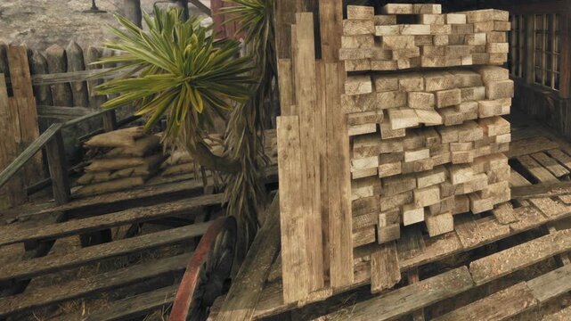 Sunlight filters through the branches, illuminating a cozy wooden shelter where planks of timber are carefully stacked. The atmosphere feels warm and inviting, surrounded by nature.