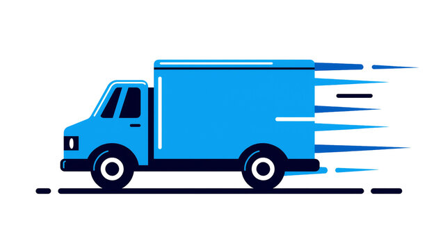 Blue delivery truck with motion lines, isolated on transparent background