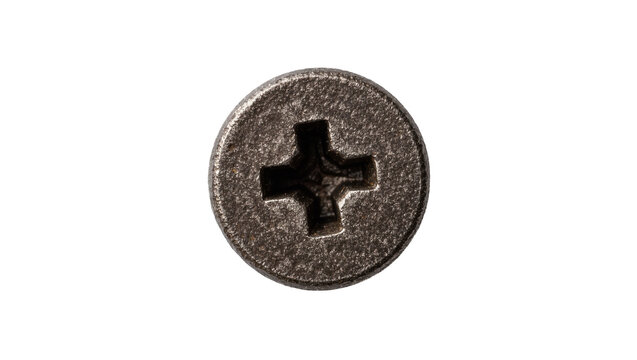 Close-up of a dark metal Phillips head screw, isolated on transparent background