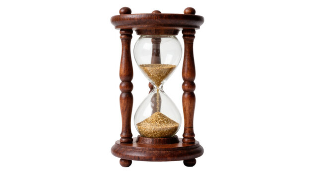 Antique wooden hourglass with golden sand flowing, isolated on transparent background