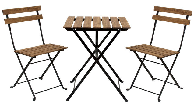 Wooden slatted folding bistro chairs and table set, isolated on transparent background