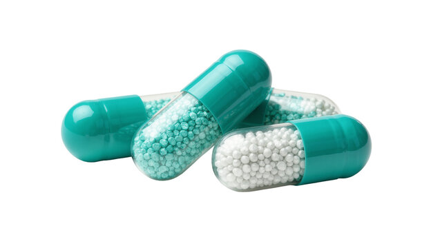 Teal and clear gelatin capsules filled with tiny white and blue beads, isolated on transparent background