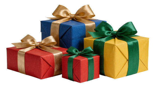 Assorted colorful gift boxes with satin ribbons and bows, isolated on transparent background