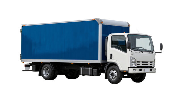 White box truck with large blue cargo container, isolated on transparent background