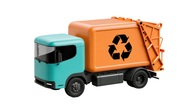 Turquoise and orange garbage truck with recycling symbol, isolated on transparent background