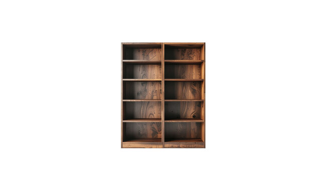 Empty dark wooden bookshelf cabinet shelf isolated on white background