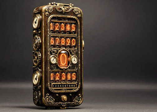 Steampunk smartphone with glowing nixie tube display and intricate vintage mechanical gears.