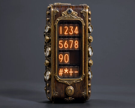 Steampunk style smartphone with glowing nixie tube display and ornate vintage metal casing.