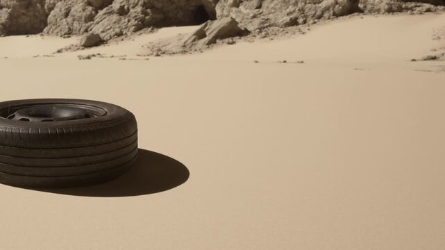 A solitary tire lies on smooth, golden sand, surrounded by vast, empty desert terrain. Sunlight casts a distinct shadow, highlighting the tires worn texture against the serene backdrop.
