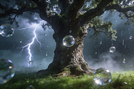 Crystal like raindrops suspend around an ancient oak tree as dramatic lightning illuminates the dramatic storm atmosphere