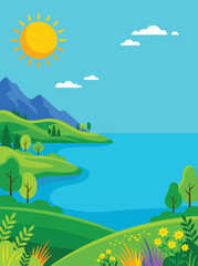 Obraz premium Vector illustration of a serene summer landscape with green hills, mountains, lake, bright sun, and blue sky in a flat design style.