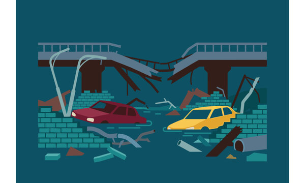 Flooded cars in a destroyed urban area with collapsed bridge