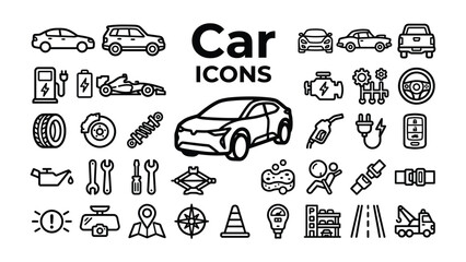 Fototapeta premium Car Icon Collection: A comprehensive set of line icons representing various aspects of cars and automotive services, perfect for digital design and application interfaces