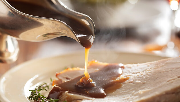 Close Up of Gravy Pouring from Silver Boat onto Roasted Turkey Slice on Plate