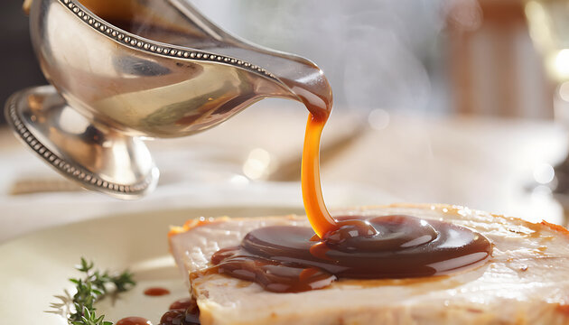 Close Up of Gravy Pouring from Silver Boat onto Roasted Turkey Slice on Plate