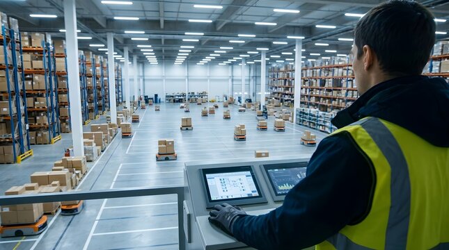 Supervisor monitoring autonomous mobile robots for advanced industrial automation cobotics in warehouse.
