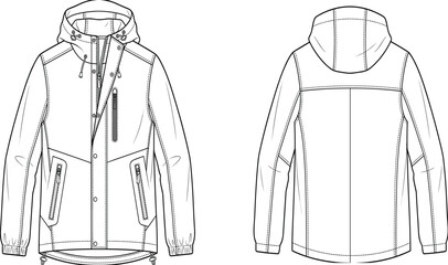 Hooded rain jacket technical sketch vector illustration front and back view © Milon