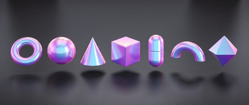 Holographic geometric 3d shapes set vibrant neon colors for creative web.