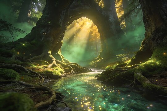 Ancient forest trees form cathedral arches with golden sunlight piercing emerald fog above a glowing mossy stream illustrating conservation