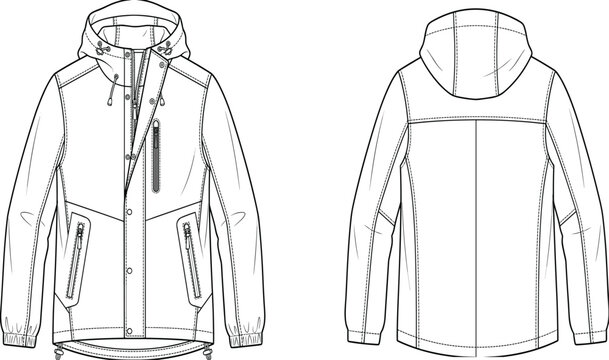 Hooded rain jacket technical sketch vector illustration front and back view