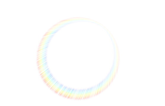 Asymmetrical white starburst lens flare with circular rainbow spectrum ring isolated on black background