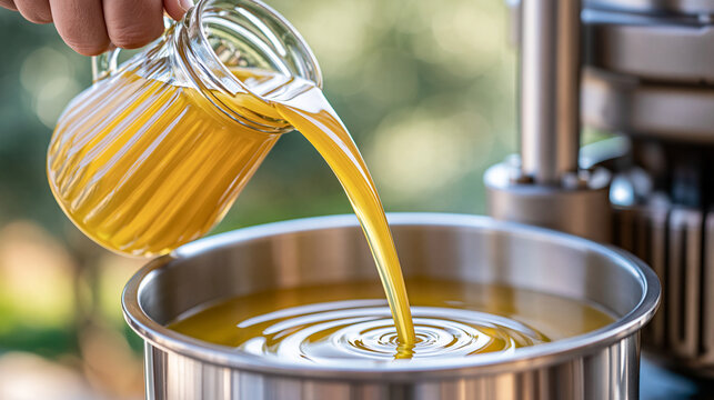 Golden olive oil flowing from traditional pressing equipment into a clean stainless steel container, artisanal production, food processing, natural ingredients, Mediterranean