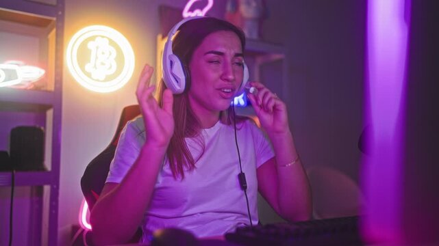 Woman touches headset and types on keyboard while smiling at monitor in neon gaming studio; casual streaming joy.