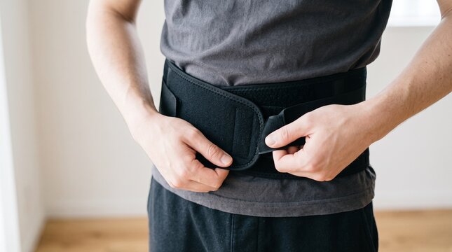 Man adjusting black back support belt for lumbar pain relief and posture correction