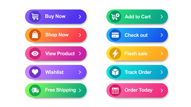 Ecommerce button set with buy, cart, shop, checkout, product, sale, wishlist, tracking, shipping, and order options in colorful gradient interface style.