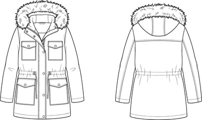 Parka jacket vector technical sketch with fur hood and pockets © Milon