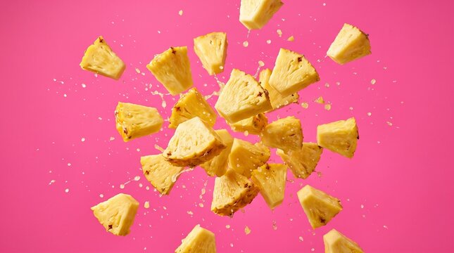Fresh pineapple chunks flying in mid-air against a vibrant pink background