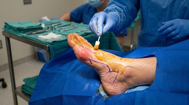 Preoperative preparation of patient foot with hallux valgus bunion deformity for surgery