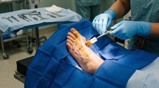 Preoperative preparation of patient foot with hallux valgus bunion deformity for surgery