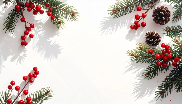 Christmas evergreen branch corners with red berries and pinecones on white background, festive winter flat lay with copy space for seasonal greeting design