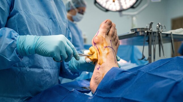Preoperative preparation of patient foot with hallux valgus bunion deformity for surgery