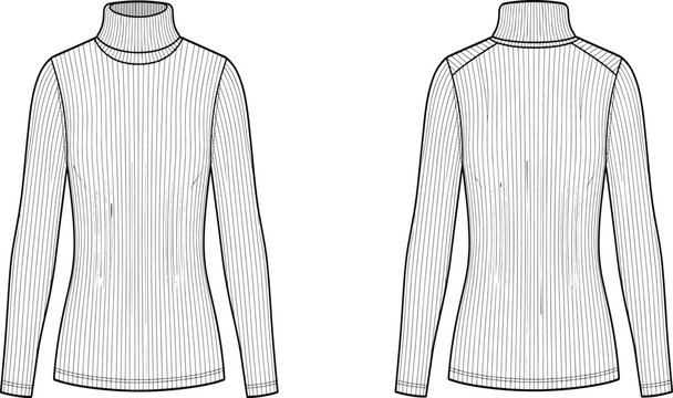 Technical sketch of a women ribbed turtleneck sweater front and back view