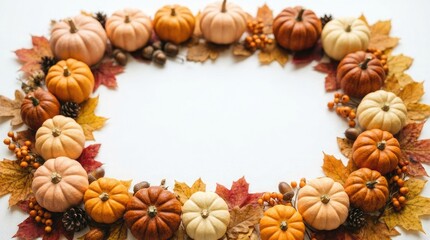 Fototapeta premium Autumn harvest border frame made of assorted pumpkins and colorful fall leaves on a white background with copy space