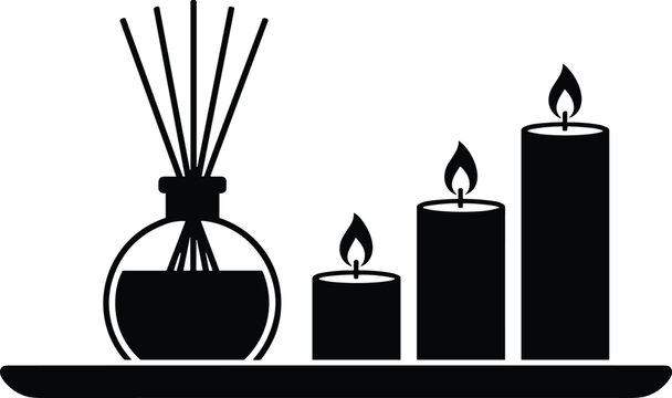 Black and white vector icon set of aroma diffuser and three candles with diffuser relaxation wellness fragrance serenity meditation minimalist
