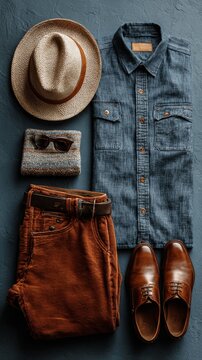 A flat lay of men's clothing including a straw hat, blue shirt, brown pants, and shoes on a dark background.