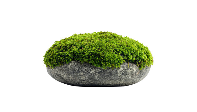 Round stone covered with green moss isolated on white background
