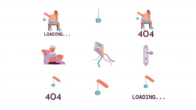 Patience and leisure in loading and 404 error cartoon animation pack. Grandma knitting activity. Kite flying. Door handle. Yo-yo animated flat 4K video collection isolated on transparent background
