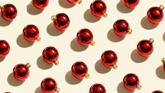 red christmas balls on beige background in flat lay composition. Festive ornaments pattern for holiday greeting card and seasonal decoration design