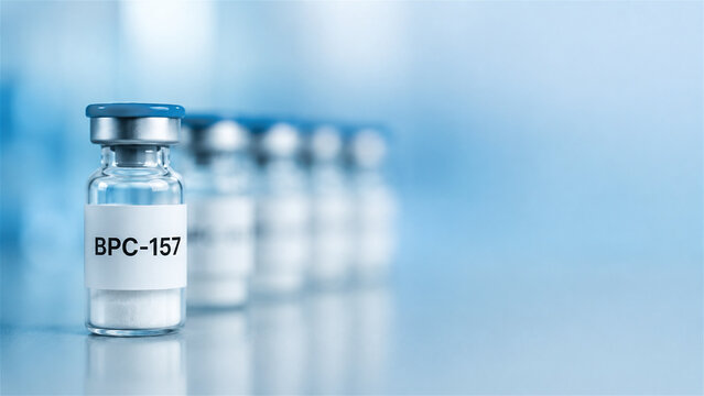 glass vial with BPC-157 peptide powder on blue laboratory background. Medical research and pharmaceutical development concept. Biotechnology and science laboratory equipment for medicine and therapy