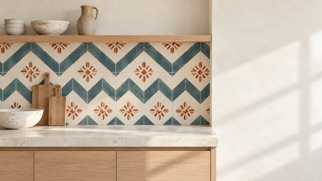 Kitchen backsplash with geometric tile and wooden cutting boards